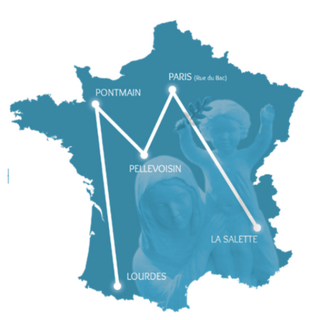 Du 2 juin au 13 septembre : le M de Marie dessinera un M sur la France, en passant par les 5 lieux d’apparition de la Sainte Vierge