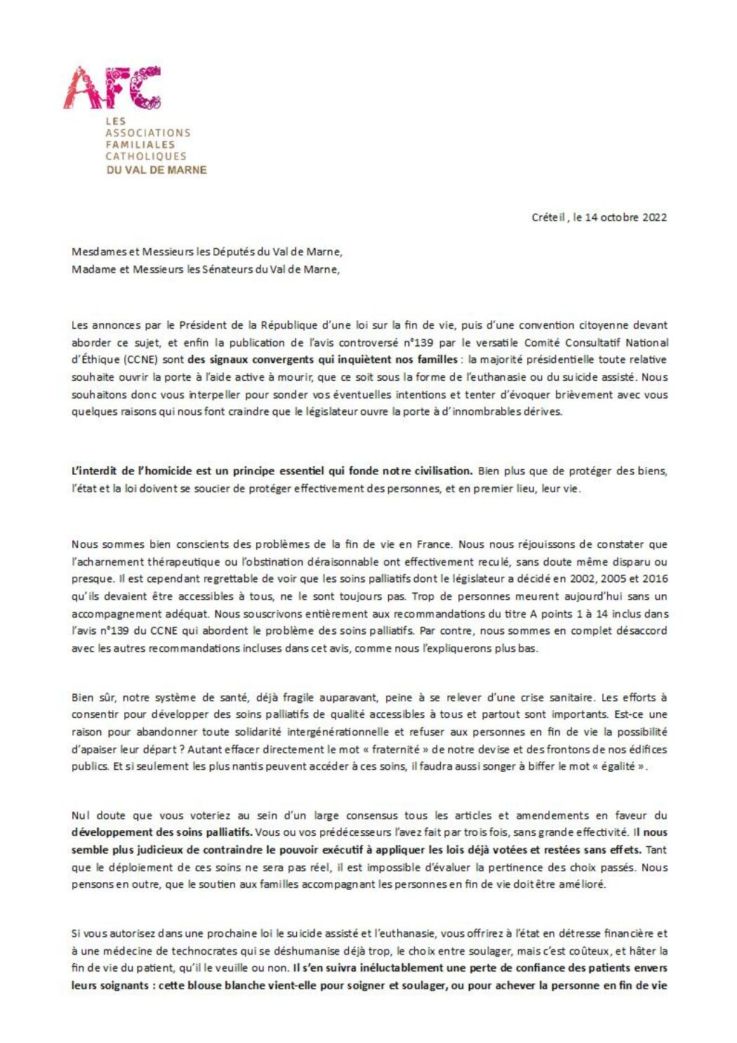 Lettre ouverte des AFC du Val de Marne aux parlementaires
