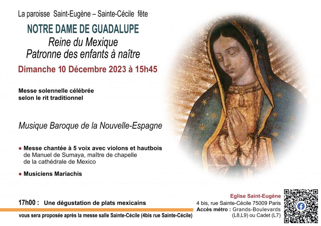 Dimanche 10 décembre: Fête de Notre Dame de Guadalupe 2023 à Paris en l’église Saint-Eugène