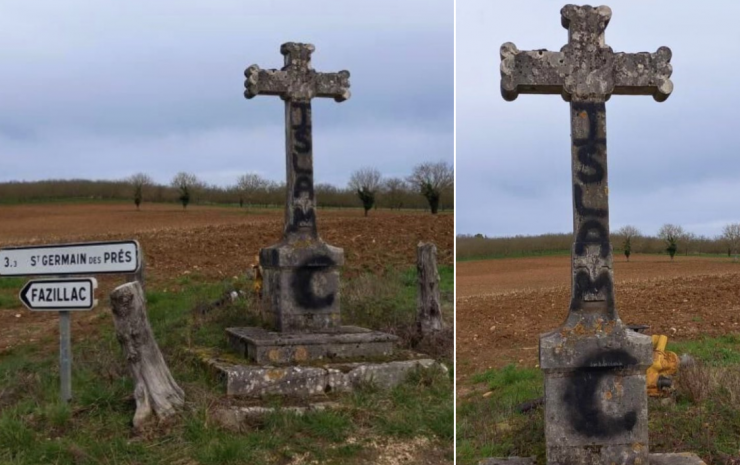 Un calvaire en Dordogne tagué par l’inscription « islam » et un croissant de lune