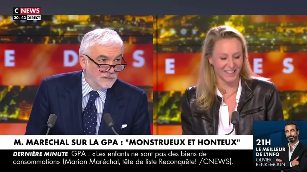 Pascal Praud : “Marion Maréchal est très courageuse, elle a des convictions, elle ne les renie pas” (au sujet de la GPA et des unions homosexuelles)