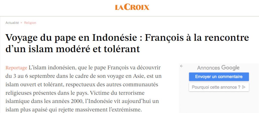 La Croix vante l’islam en Indonésie, “modéré et tolérant”