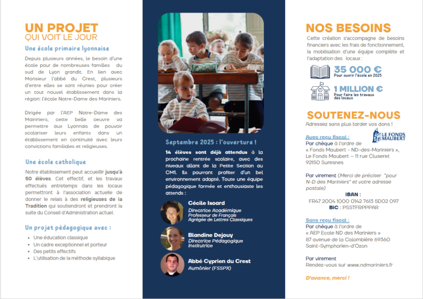 Ouverture de l’école Notre Dame des Mariniers : Ensemble, soutenons l’éducation catholique et indépendante !