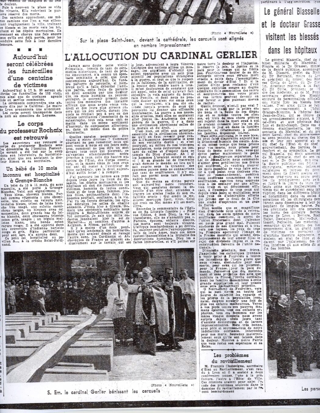 Homélie du cardinal Gerlier à l’occasion du bombardement du 26 mai 1944 à Lyon