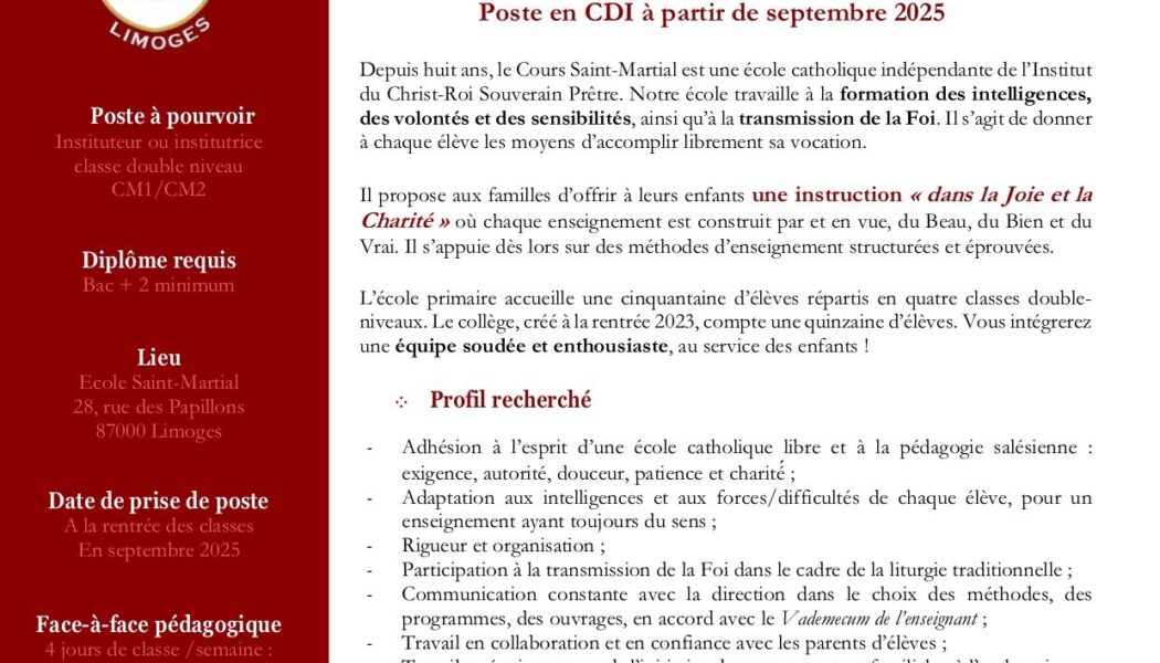 L’école St-Martial à Limoges recherche une institutrice de CM pour la rentrée de septembre 2025