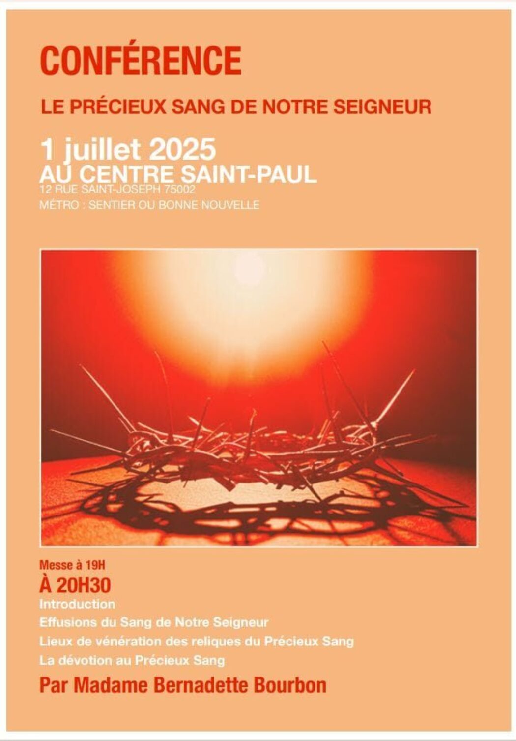 1er juillet: conférence sur le Précieux Sang