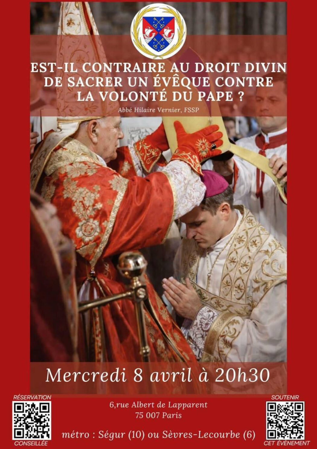 Conférence le 8 avril : « Est-il contraire au droit divin de sacrer un évêque contre la volonté du pape ? »