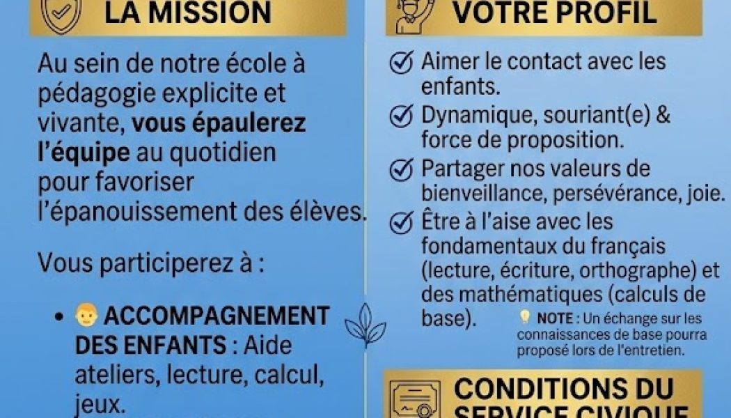 Recherche 2 services civiques pour la rentrée 2026 en école Provins 77 (durée 8 mois)