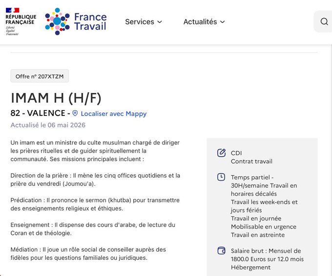 France Travail, financé par vos cotisations, publie des offres pour recruter des imams