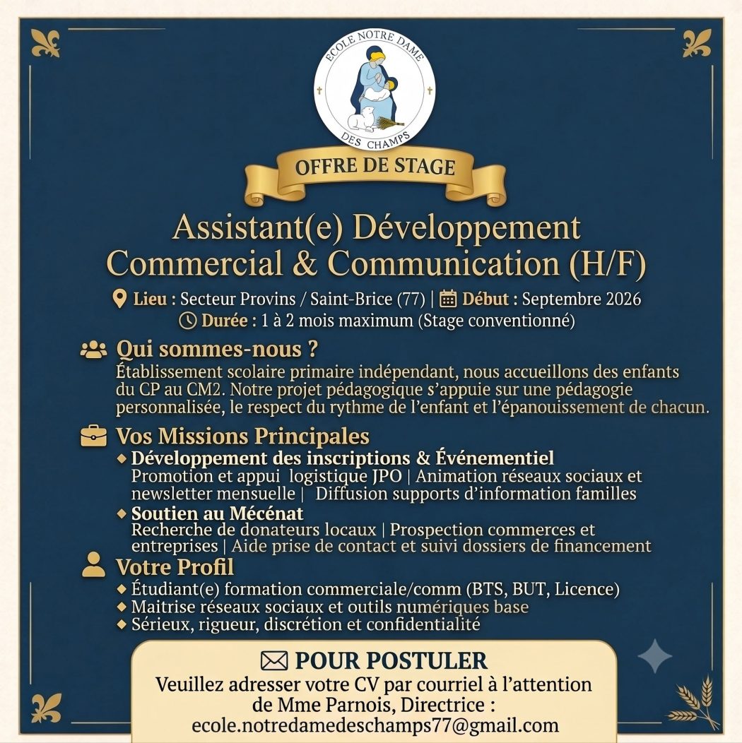 Demande de stage conventionné (1 à 2 mois  dès Septembre 2026) – Assistant(e) Développement Commercial & Communication – Solution d’hébergement incluse