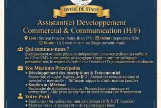 Demande de stage conventionné (1 à 2 mois  dès Septembre 2026) – Assistant(e) Développement Commercial & Communication – Solution d’hébergement incluse